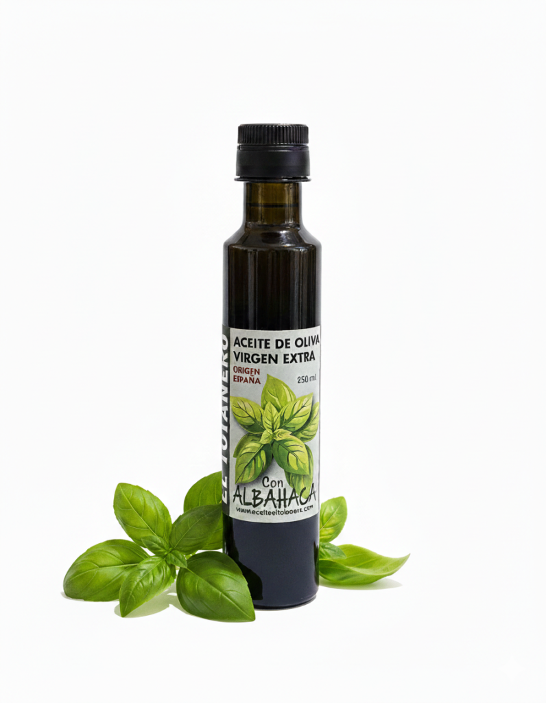 "Botella de Aceite Agrumato de Albahaca 250ml El Totanero en co-molienda en frío"