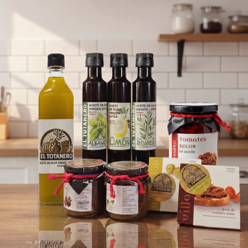 Pack gourmet regalo con 9 productos artesanales: aceite de oliva virgen extra, agrumatos, mermeladas, patés y tomates secos de El Totanero